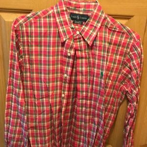 Pink and green checkered polo button down